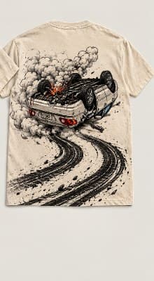 Vintage Cream pocket tee, back, showing an overturned car in a cloud of tire smoke