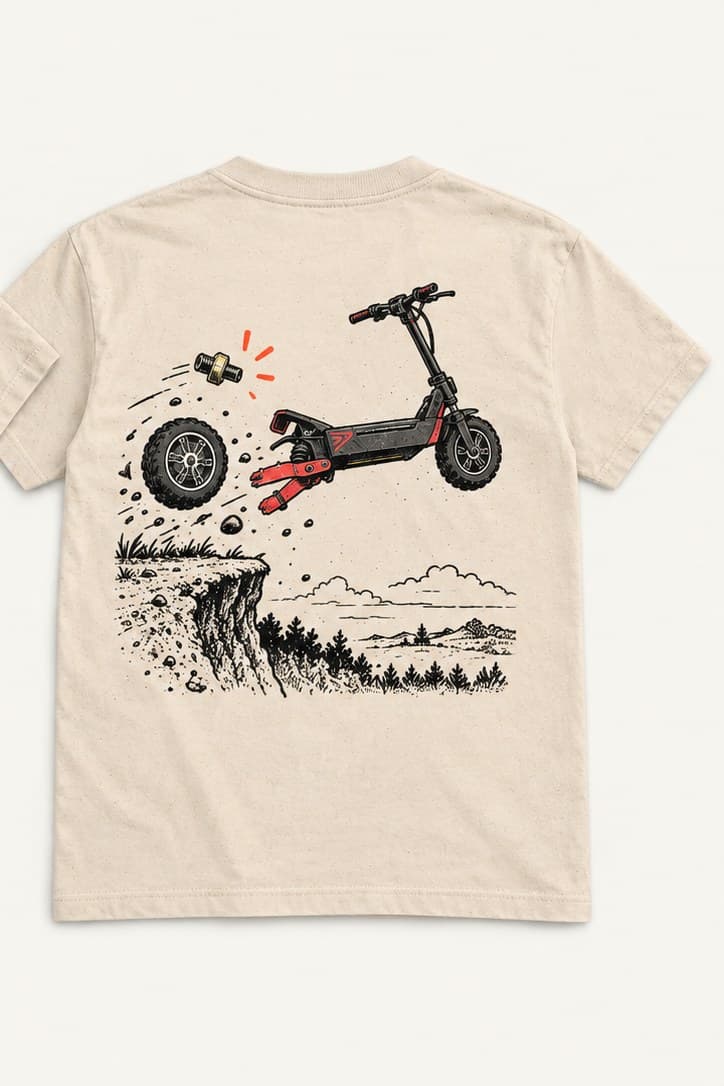 Vintage Cream pocket tee, back, showing an electric scooter launching off a cliff as its rear wheel and axle bolt fly off