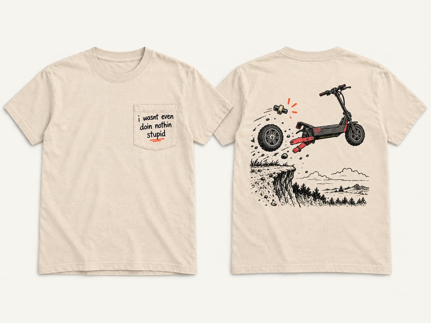 The Scooter Incident Pocket Tee in Vintage Cream, front and back side by side: the pocket print on the front, the scooter and its departing rear wheel on the back